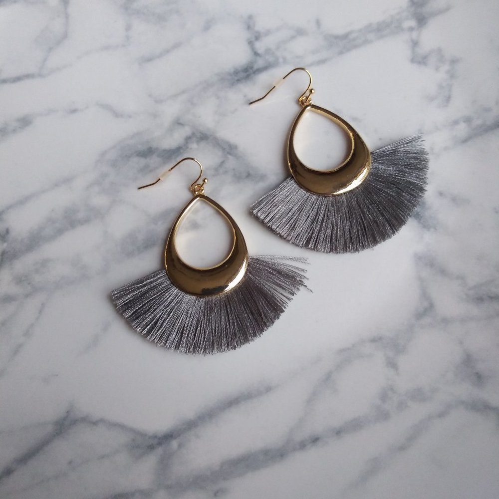 New! Gray Boho Fringe Goldtone Earrings